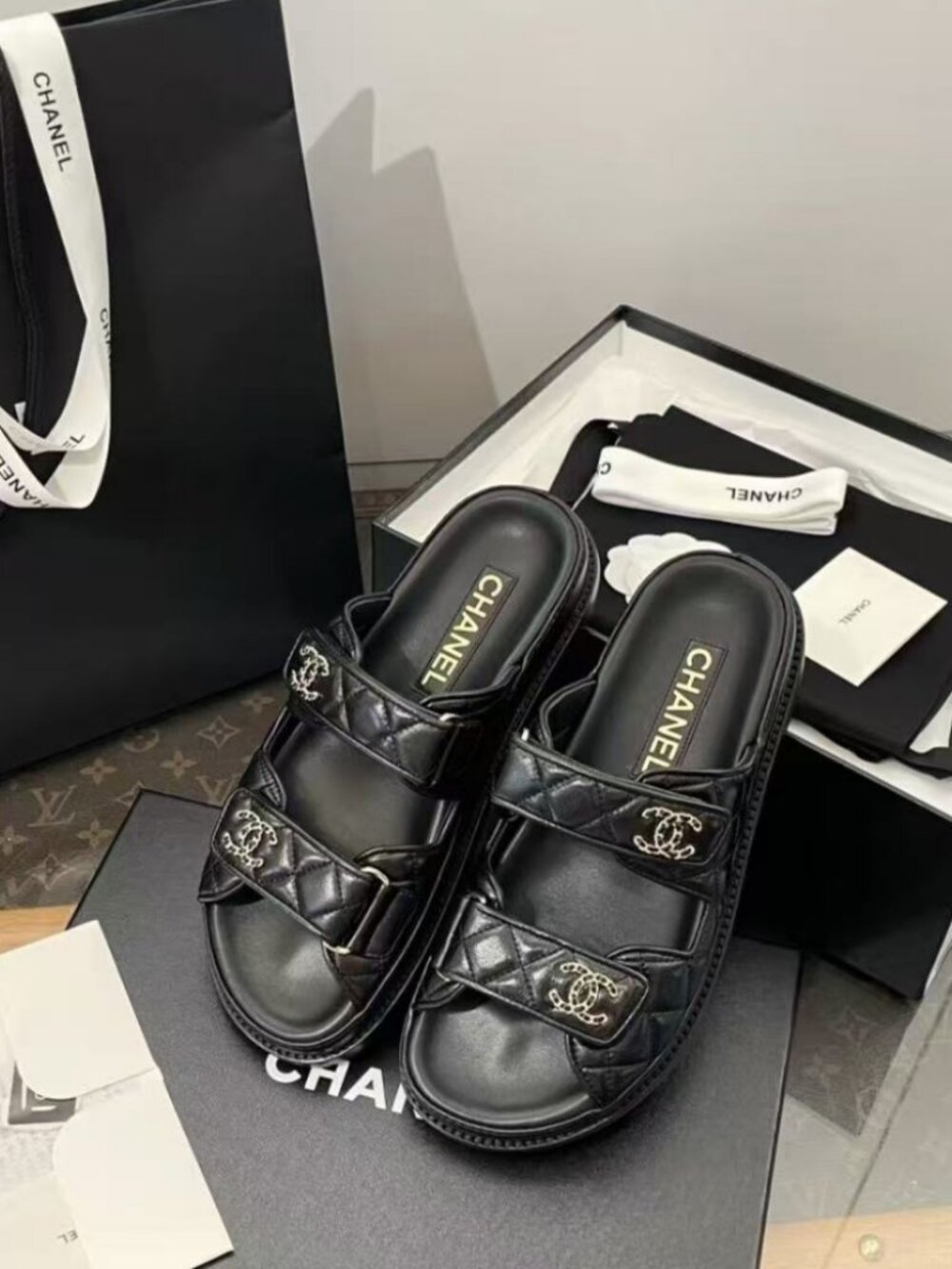 CHANEL Adjustable Velcro Strap Quilted Platform Summer Sandals